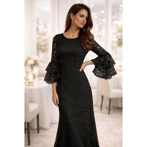 Retro Vfshow Floral Lace Maxi Dress Prom Keyhole Bell Sleeve Sz M Goth Steampunk